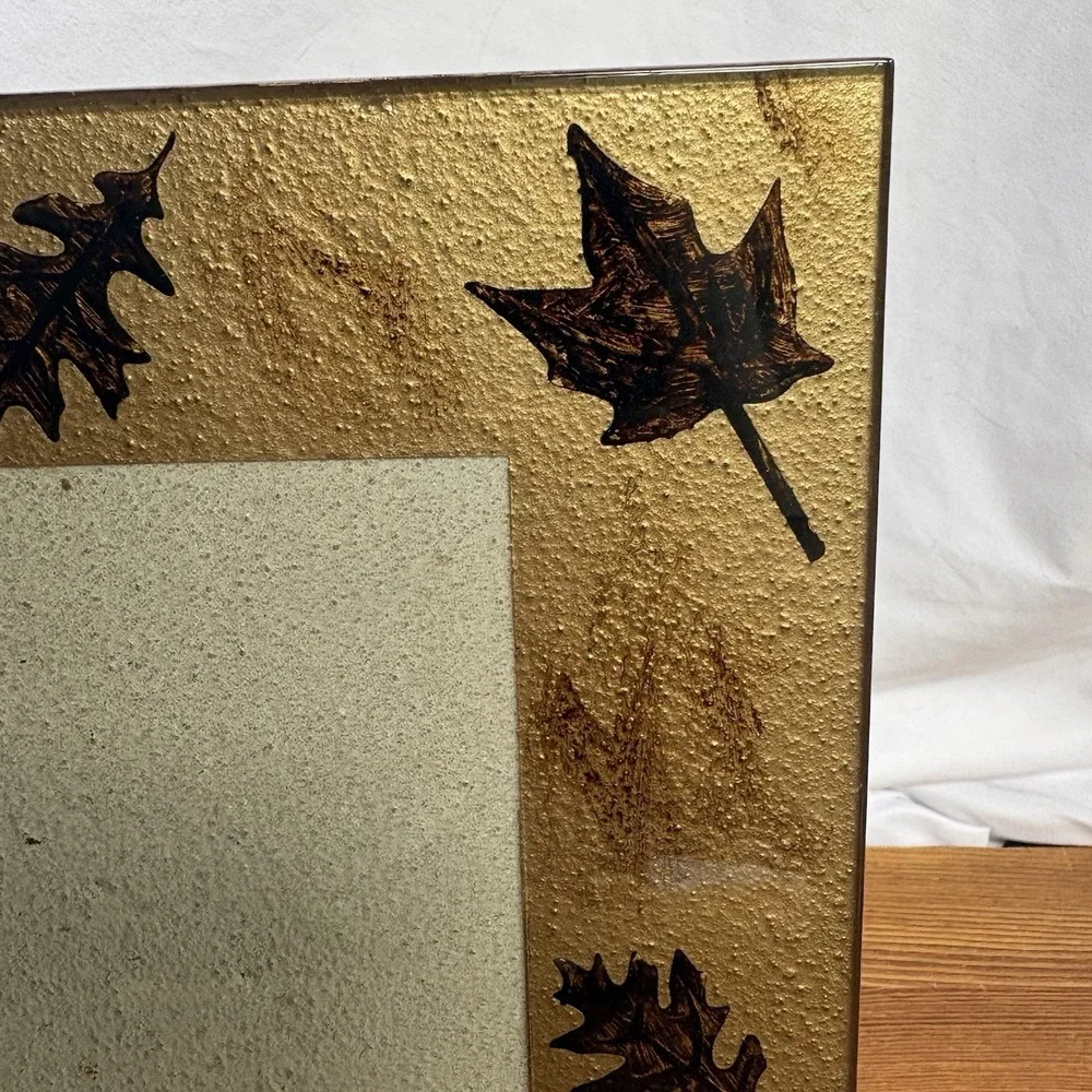 Decorative Glass Picture Frame Autumn Fall Leaf Design Holds 5x7 Photo Gold Tone